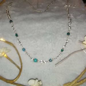 Long silver wire necklace with turquoise